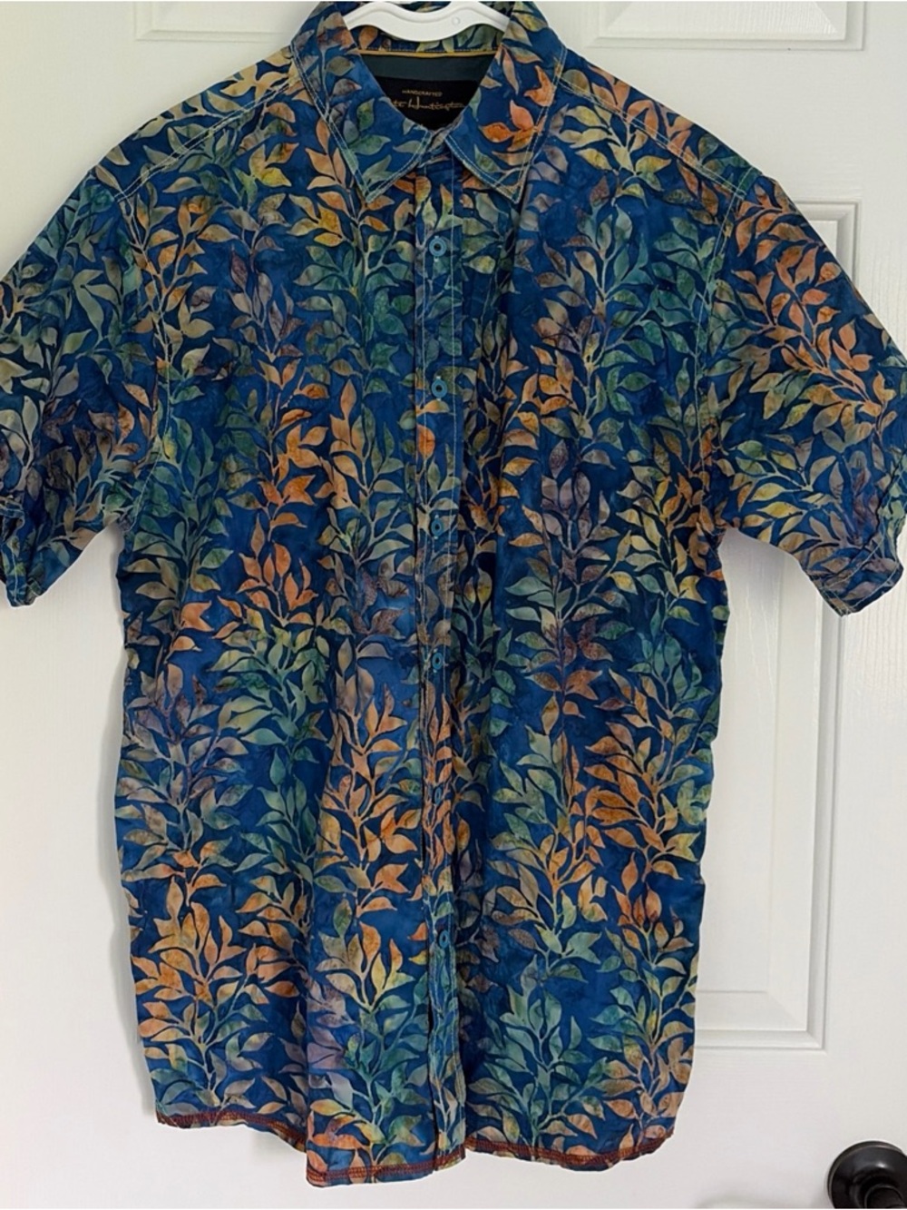 Pete Huntington Batik Short Sleeve Button-Up Shirt in Blue Leaf Print